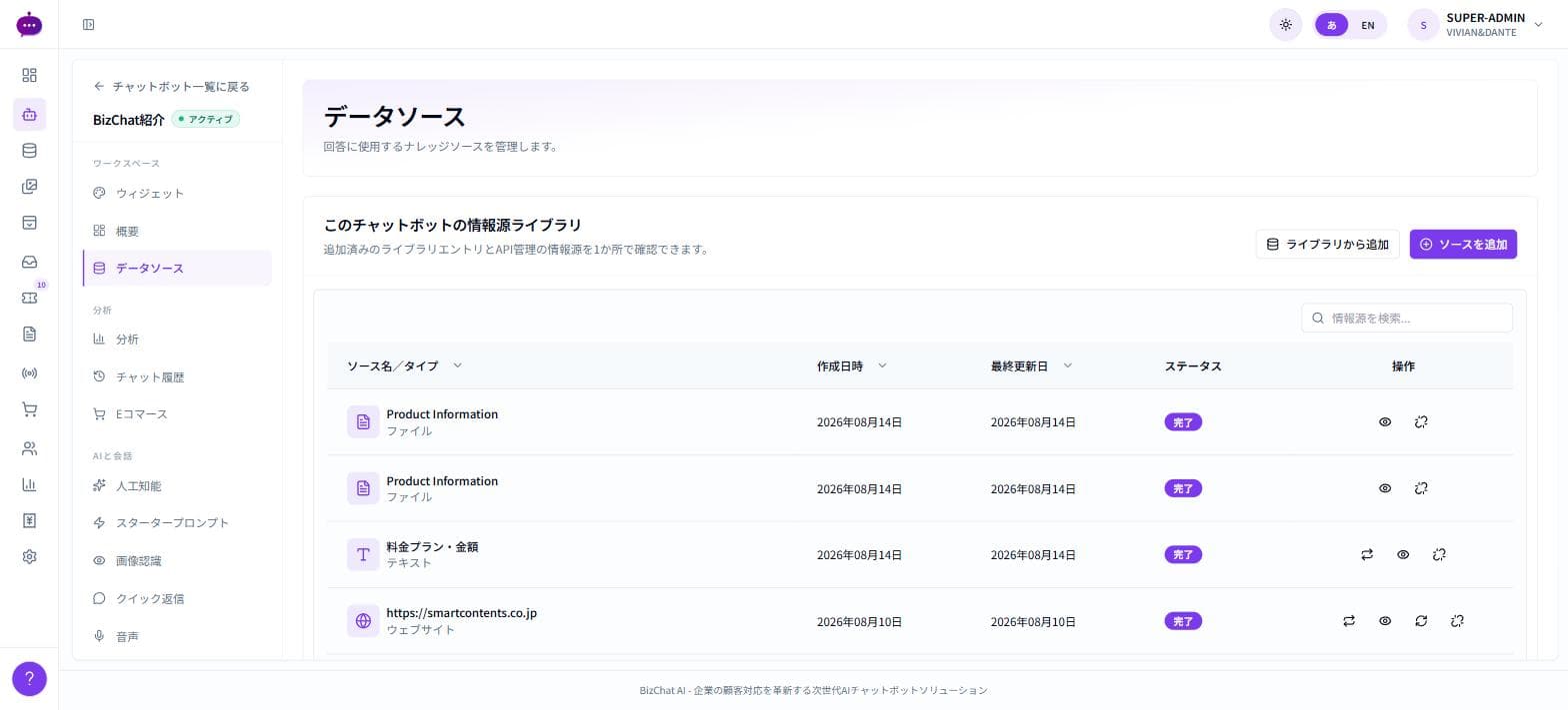 ファイル・テキスト・ウェブサイトなど複数の情報源を一覧で管理するデータソース画面