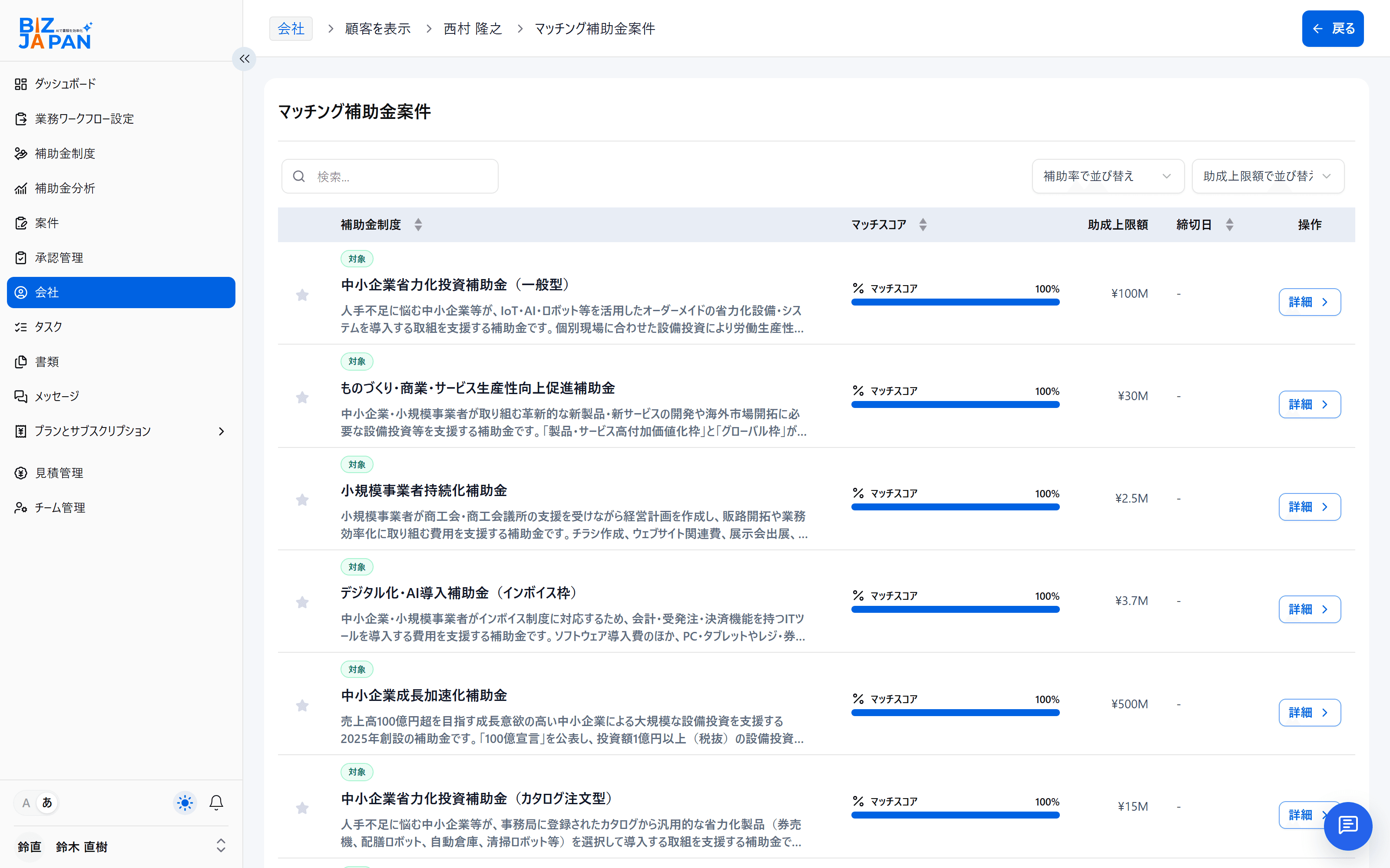 顧問先ごとに該当する補助金制度が表示される画面